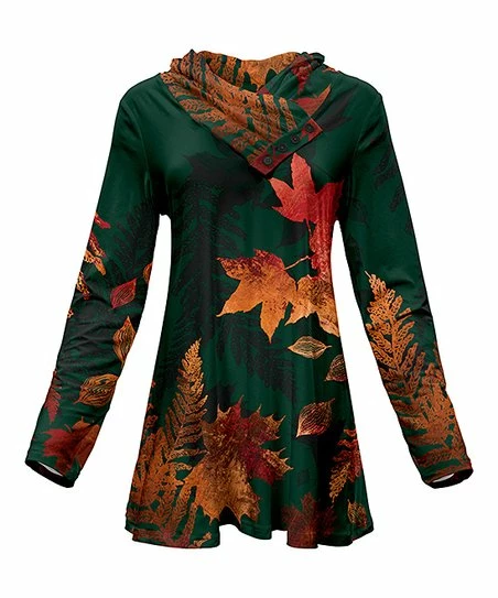 Lily | Green & Rust Autumn Leaves Button Shawl-Collar Tunic - Women & Plus 1 Lily | Green & Rust Autumn Leaves Button Shawl-Collar Tunic - Women & Plus