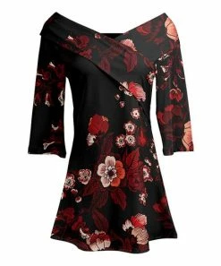 Lily | Black & Red Floral Wrap-Front Boatneck Tunic - Women