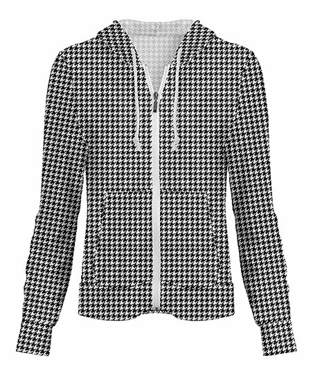 Lily | Black & White Houndstooth Velvet Zip-Front Hoodie - Women & Plus 1 Lily | Black & White Houndstooth Velvet Zip-Front Hoodie - Women & Plus
