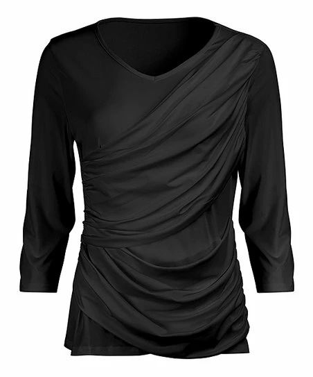 Lily | Black Side-Ruched Three-Quarter Sleeve Top - Women & Plus 1 Lily | Black Side-Ruched Three-Quarter Sleeve Top - Women & Plus