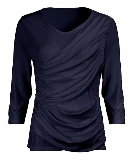 Lily | Navy Side-Ruched Three-Quarter Sleeve Top - Women 1 Lily | Navy Side-Ruched Three-Quarter Sleeve Top - Women