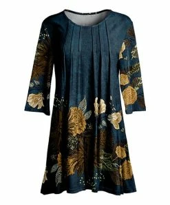Lily | Blue & Brown Floral Pleated Three-Quarter Sleeve Tunic - Women