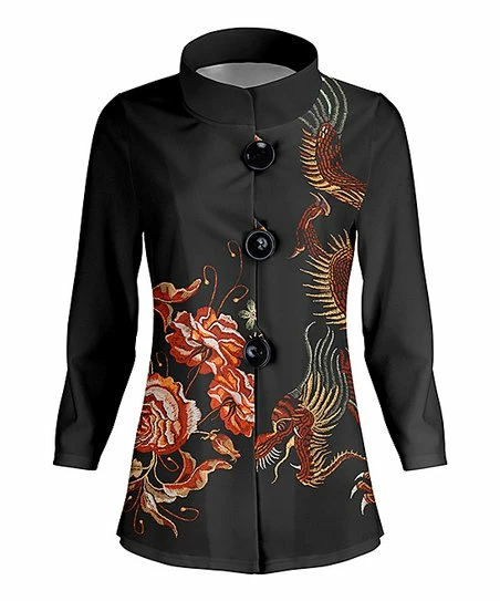 Lily | Black & Red Dragon Mock Neck Jacket - Women 1 Lily | Black & Red Dragon Mock Neck Jacket - Women