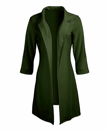 Lily | Green Three-Quarter Sleeve Longline Jacket - Women 1 Lily | Green Three-Quarter Sleeve Longline Jacket - Women