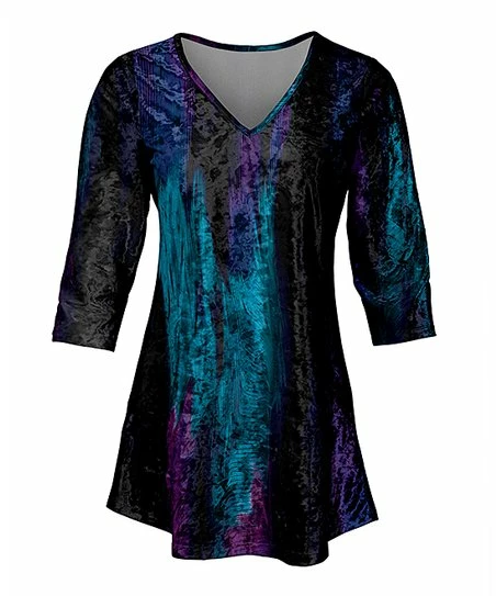 Lily | Purple & Turquoise Abstract Watercolor Velvet V-Neck Tunic - Plus 1 Lily | Purple & Turquoise Abstract Watercolor Velvet V-Neck Tunic - Plus