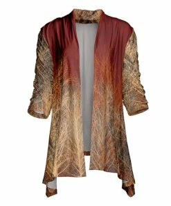 Lily | Red & Beige Trees Sidetail Open Cardigan - Plus