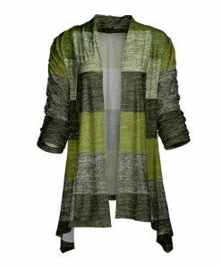 Lily | Olive & Green Knit-Print Color Block Sidetail Open Cardigan - Women