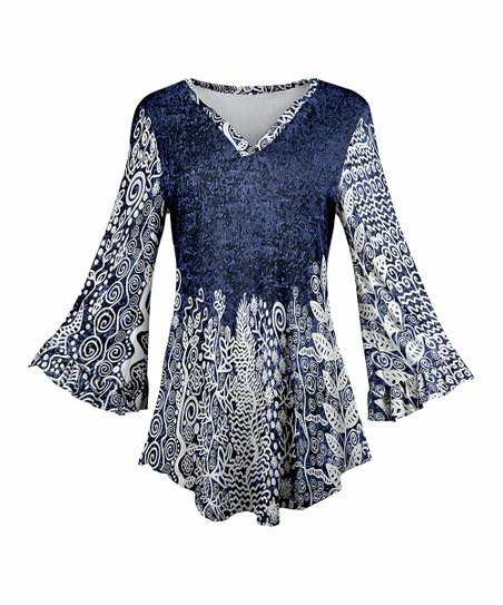 Lily | Blue & White Abstract Ruffle Bell-Sleeve Tunic - Plus 1 Lily | Blue & White Abstract Ruffle Bell-Sleeve Tunic - Plus