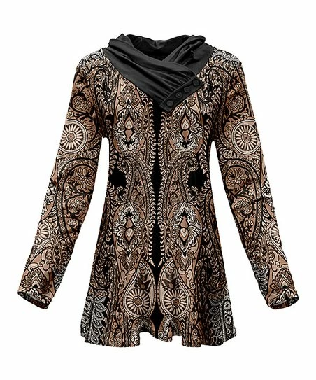 Lily | Brown & Black Paisley Button Shawl Collar Tunic - Women 1 Lily | Brown & Black Paisley Button Shawl Collar Tunic - Women