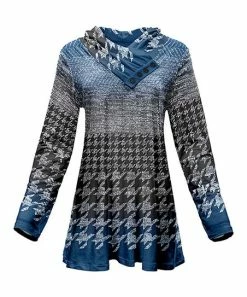 Lily | Blue & Gray Houndstooth Button-Accent Shawl Collar Tunic - Women