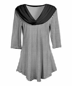 Lily | Black & White Gingham Three-Quarter Sleeve Cowl Neck Tunic - Women