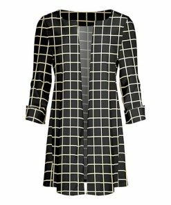 Lily | Black & Cream Windowpane Cuffed-Sleeve Open Cardigan - Plus
