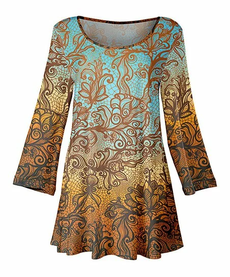 Lily | Orange & Aqua Abstract Three-Quarter Sleeve Scoop Neck Tunic - Women 1 Lily | Orange & Aqua Abstract Three-Quarter Sleeve Scoop Neck Tunic - Women