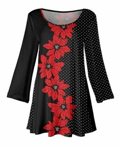 Lily | Black & Red Floral-Center Scoop Neck Swing Tunic - Women