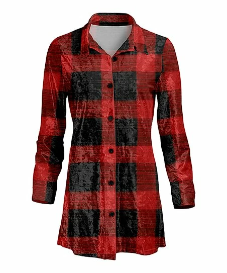 Lily | Black & Red Plaid Velvet Button-Up Tunic - Women 1 Lily | Black & Red Plaid Velvet Button-Up Tunic - Women