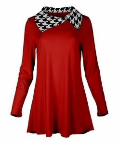 Lily | Red Houndstooth-Accent Fold-Over Collar Tunic - Plus