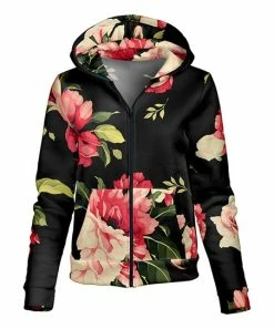 Lily | Black & Rose Floral Pocket Zip-Up Hoodie - Women