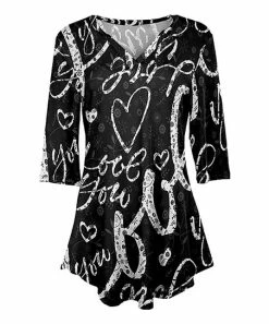 Lily | Black & White 'Love You' Heart Three-Quarter Sleeve V-Neck Tunic - Women