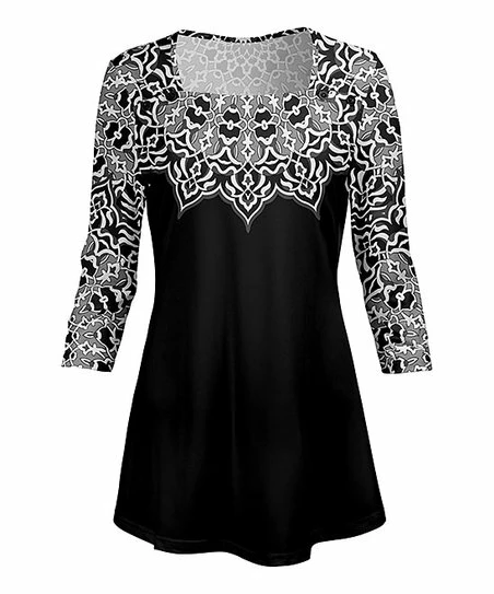 Lily | Black & Gray Geometric Square-Neck Tunic - Plus 1 Lily | Black & Gray Geometric Square-Neck Tunic - Plus