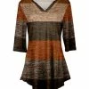 Lily | Brown & Beige Thick Stripe Three-Quarter Sleeve V-Neck Tunic - Plus