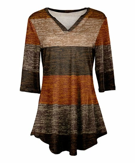 Lily | Brown & Beige Thick Stripe Three-Quarter Sleeve V-Neck Tunic - Plus 1 Lily | Brown & Beige Thick Stripe Three-Quarter Sleeve V-Neck Tunic - Plus