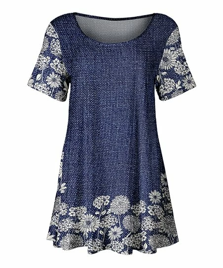Lily | Blue & White Floral Short-Sleeve Scoop Neck Tunic - Women & Plus 1 Lily | Blue & White Floral Short-Sleeve Scoop Neck Tunic - Women & Plus