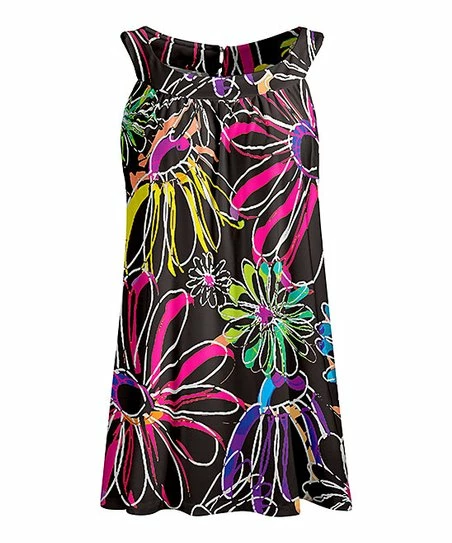 Lily | Black & Pink Floral Sleeveless Yoke Tunic - Women & Plus 1 Lily | Black & Pink Floral Sleeveless Yoke Tunic - Women & Plus