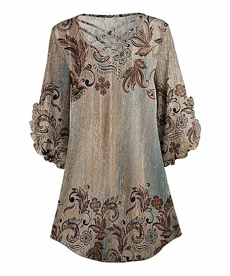 Lily | Brown & Black Floral Crisscross-Neck Ruffle-Sleeve Tunic - Women & Plus 1 Lily | Brown & Black Floral Crisscross-Neck Ruffle-Sleeve Tunic - Women & Plus