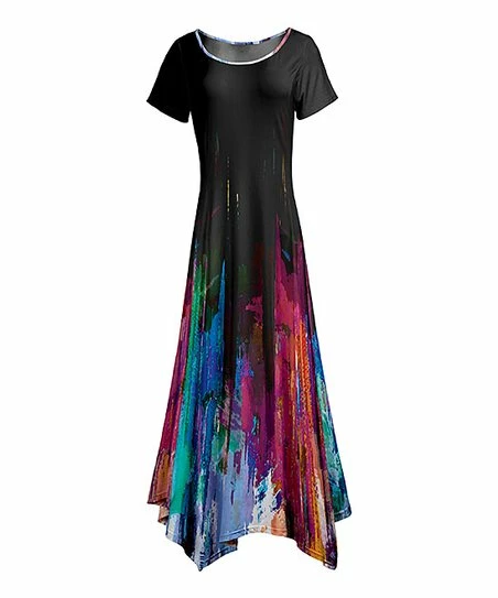 Lily | Black Abstract Watercolor Short-Sleeve Handkerchief Maxi Dress - Women 1 Lily | Black Abstract Watercolor Short-Sleeve Handkerchief Maxi Dress - Women