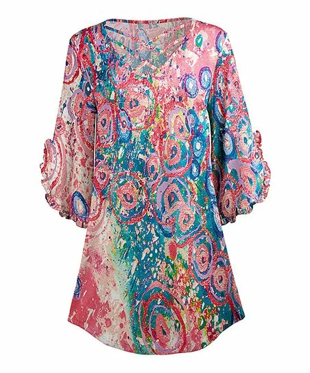 Lily | Pink & Blue Abstract Circle Crisscross-Neck Ruffle-Sleeve Tunic - Women & Plus 1 Lily | Pink & Blue Abstract Circle Crisscross-Neck Ruffle-Sleeve Tunic - Women & Plus