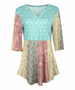 Lily | Aqua & Pink Floral Three-Quarter Sleeve V-Neck Tunic - Women