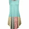 Lily | Turquoise & Pink Floral Patchwork Curved-Hem Sleeveless Dress - Women