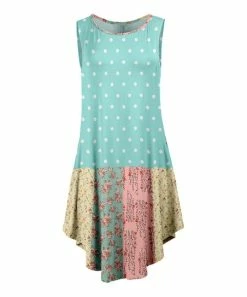 Lily | Turquoise & Pink Floral Patchwork Curved-Hem Sleeveless Dress - Women