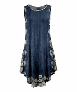 Lily | Navy & Cream Denim-Print Floral Curved-Hem Sleeveless Dress - Women & Plus
