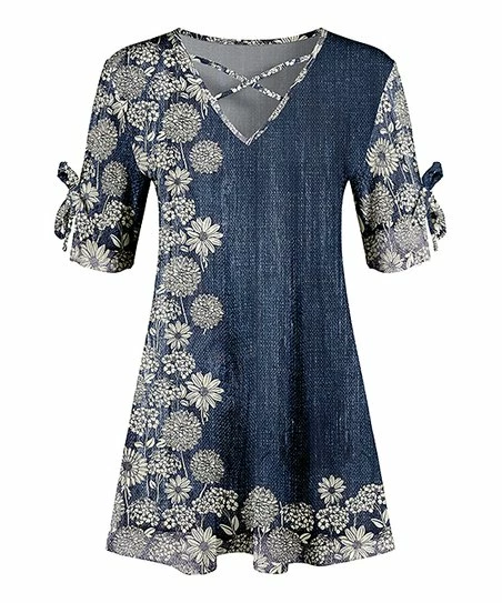 Lily | Blue & White Floral Crisscross-Accent Tunic - Women & Plus 1 Lily | Blue & White Floral Crisscross-Accent Tunic - Women & Plus