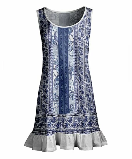 Lily | Blue & White Paisley Ruffle Sleeveless Tunic - Women 1 Lily | Blue & White Paisley Ruffle Sleeveless Tunic - Women