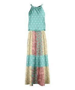 Lily | Turquoise & Pink Dot Floral-Patchwork Sleeveless Blouson Maxi Dress - Women & Plus
