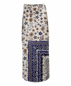 Lily | Beige & Blue Floral Scarf-Print Shirred-Waist Maxi Skirt - Women