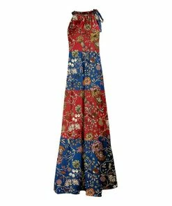 Lily | Red & Blue Floral Stripe Maxi Halter Dress - Women & Plus