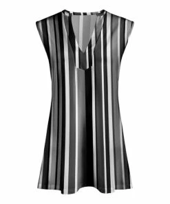 Lily | Black & Gray Stripe Sleeveless Notch Neck Tunic - Plus