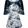 Lily | Blue & White Floral Keyhole Cape-Sleeve Tunic - Women