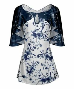 Lily | Blue & White Floral Keyhole Cape-Sleeve Tunic - Women
