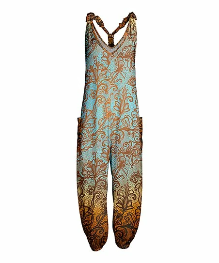 Lily | Aqua & Gold Floral Racerback Pocket Jumpsuit - Plus 1 Lily | Aqua & Gold Floral Racerback Pocket Jumpsuit - Plus