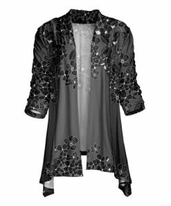 Lily | Gray & Black Floral Sidetail Open Cardigan - Plus