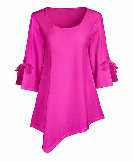 Lily | Neon Pink Split-Sleeve Asymmetrical-Hem Tunic - Women & Plus 1 Lily | Neon Pink Split-Sleeve Asymmetrical-Hem Tunic - Women & Plus
