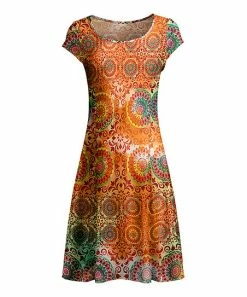 Lily | Orange & Turquoise Arabesque Cap-Sleeve Dress - Women & Plus