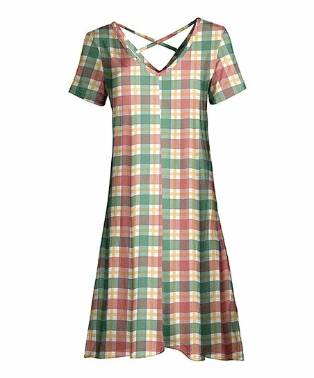 Lily | Green & Rose Check Crisscross-Back V-Neck Dress - Plus 1 Lily | Green & Rose Check Crisscross-Back V-Neck Dress - Plus