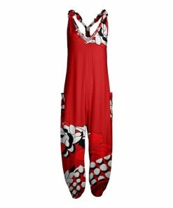 Lily | Red & Black Floral Abstract Pocket Racerback Jumpsuit - Women