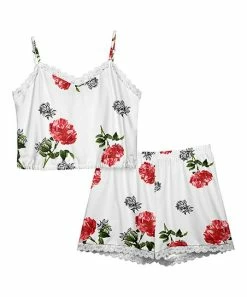 Lily | White & Red Floral Lace-Trim Short Pajama Set - Plus