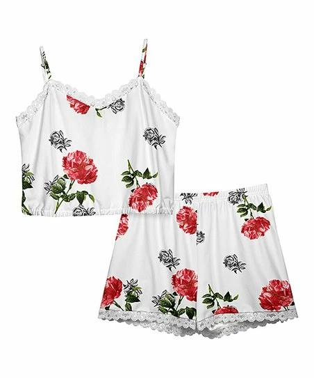 Lily | White & Red Floral Lace-Trim Short Pajama Set - Plus 1 Lily | White & Red Floral Lace-Trim Short Pajama Set - Plus